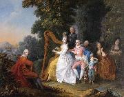 unknow artist An elegant party in the countryside with a lady playing the harp and a gentleman playing the guitar oil painting reproduction